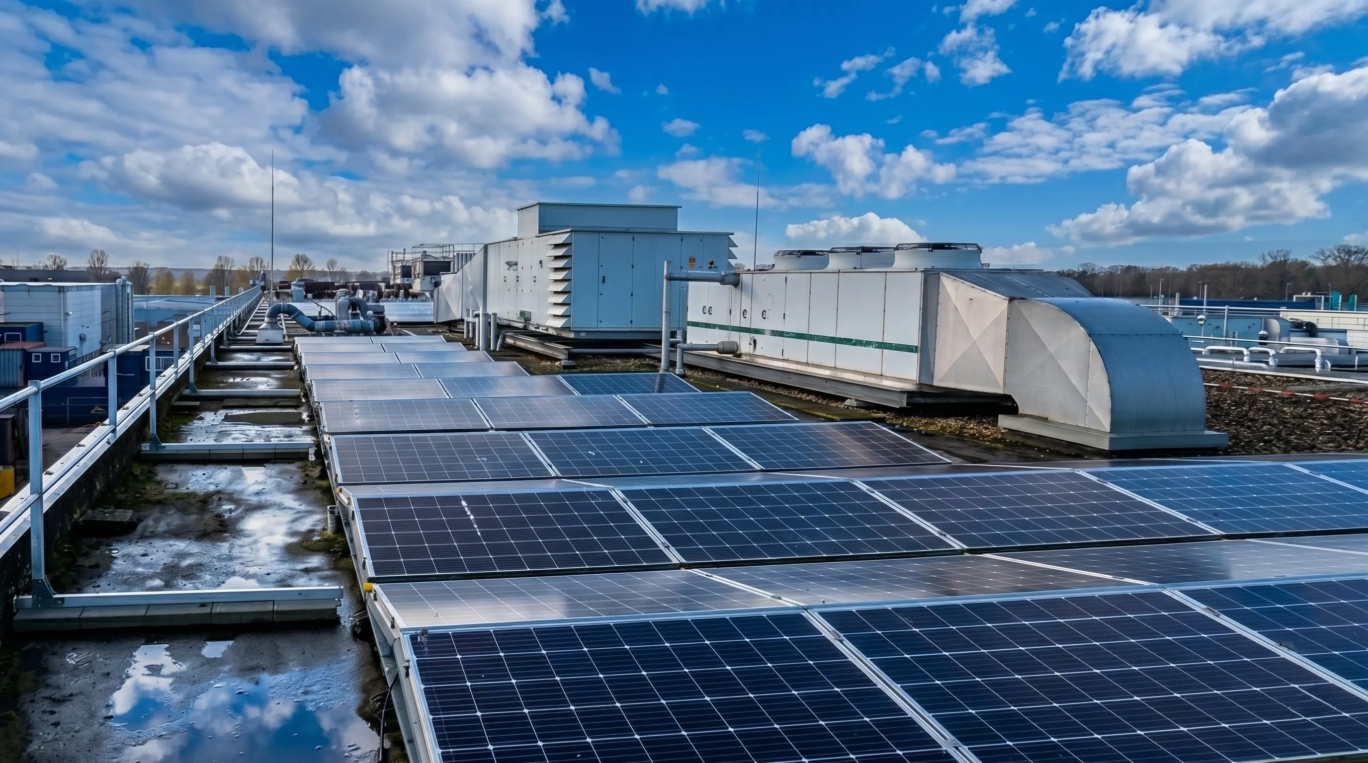 Solar panels on a roof of the Agilent complex in Middelburg, with Protector Guardrail roof-edge protection along the edge.