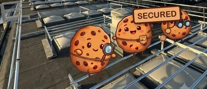 Three drawn cookies inspecting, like cookie inspectors, a roof with fall protection