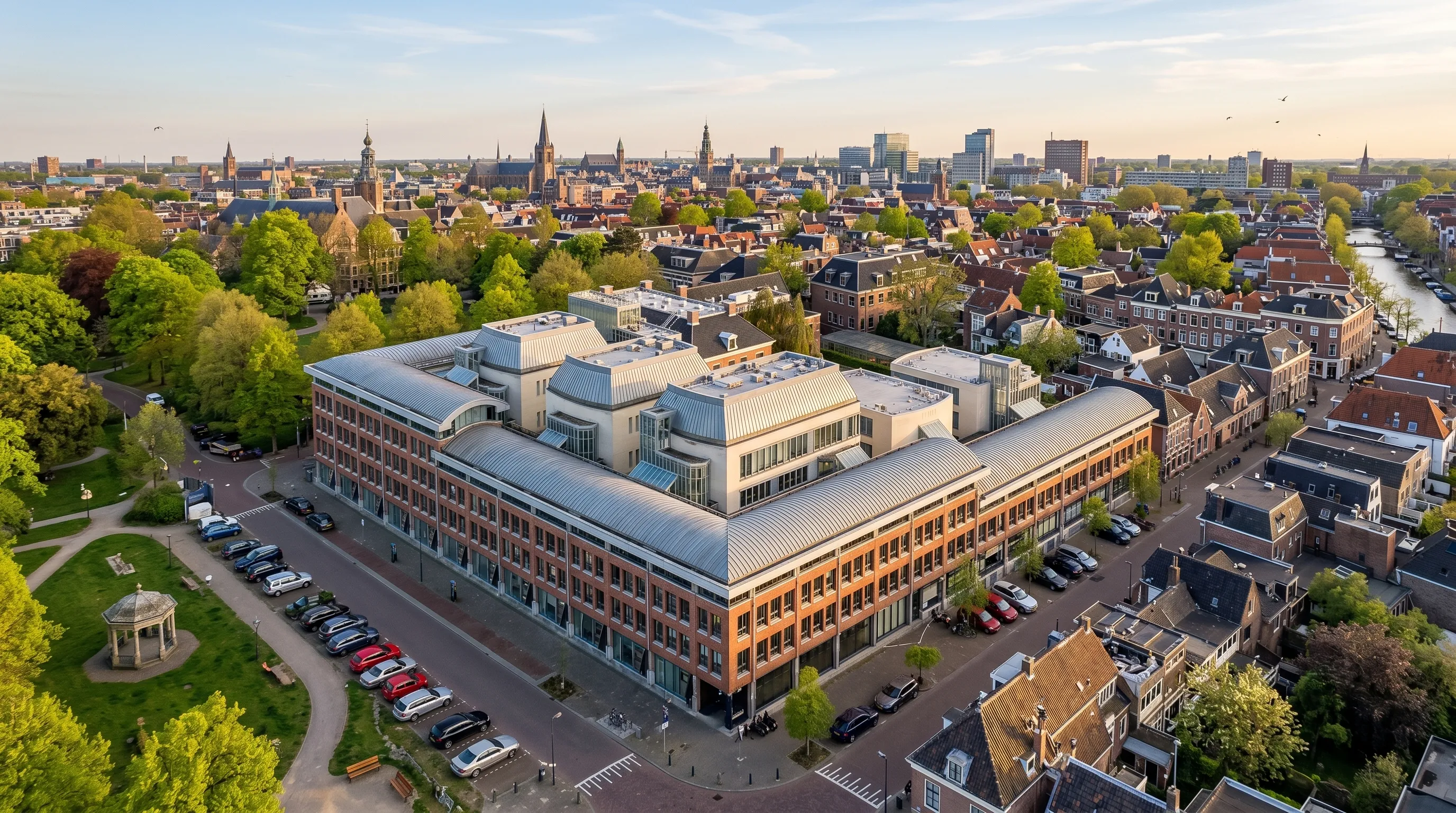 Aerial view of Rechtbank Groningen in the urban environment of Groningen, with the city centre in the background.